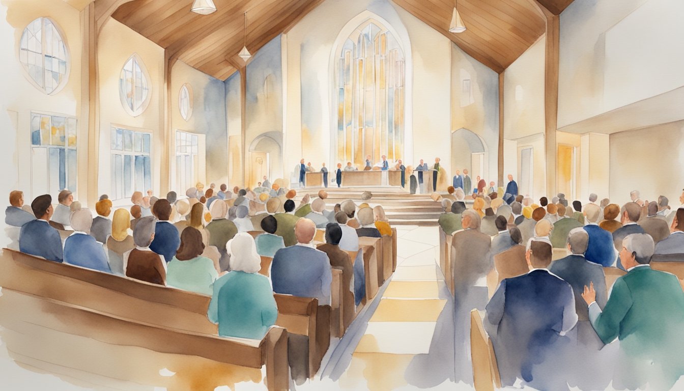 A modern church with a diverse congregation discussing and debating the topic of Mormons and multiple wives