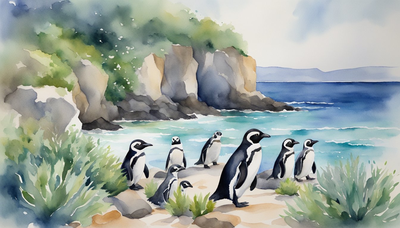 African Penguins waddle on rocky shore, surrounded by blue ocean and green vegetation