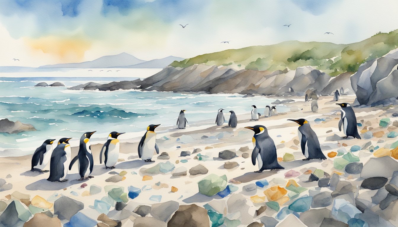 Penguins waddle on rocky shore, surrounded by plastic debris.</p><p>A ranger monitors their habitat, while volunteers clean up the beach