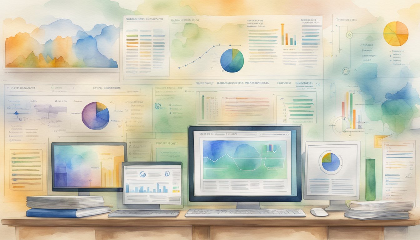 A computer screen displaying a detailed infographic on technical aspects and impact, surrounded by open books and research papers