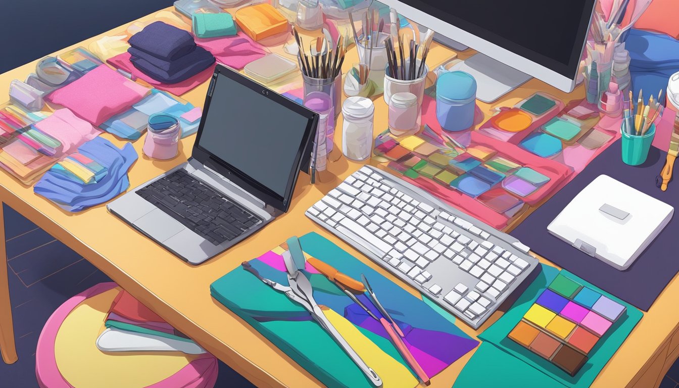 A table scattered with paintbrushes, colorful fabric swatches, and sculpting tools. A computer screen displaying unique designs for customizable sex dolls