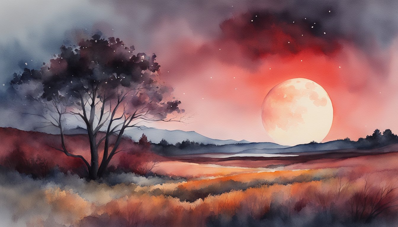 The moon rises, bathed in a deep red glow, casting an eerie and captivating light over the landscape