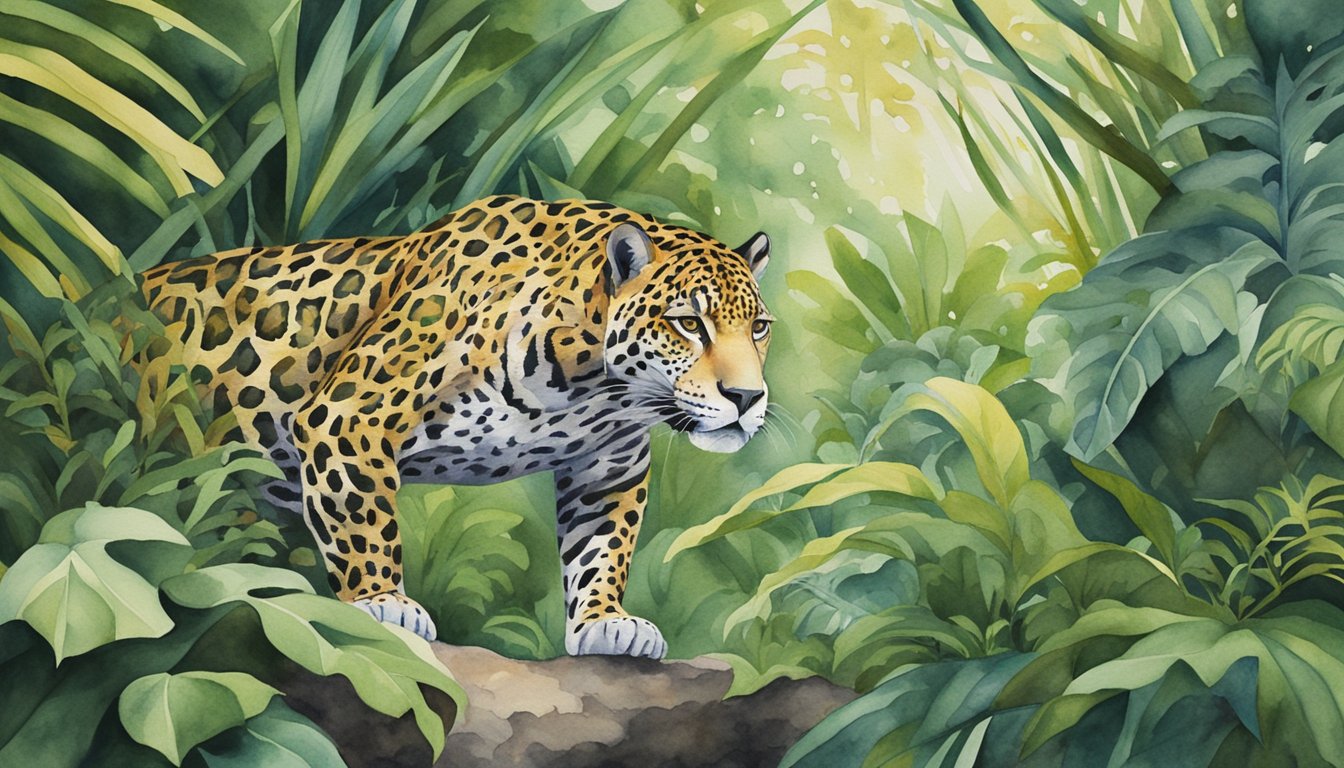 A jaguar prowls through a lush North American jungle, its sleek coat blending into the vibrant tapestry of life around it