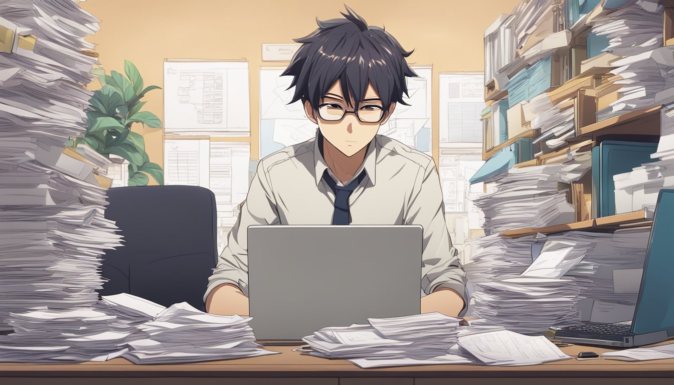 A person sitting at a desk, surrounded by paperwork and a computer, with a look of frustration on their face