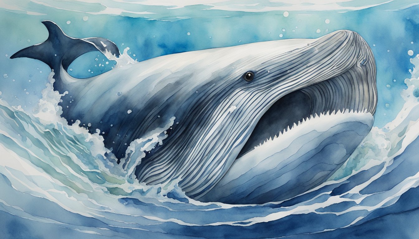 A baleen whale swims with its mouth open, filtering water through its baleen plates to trap food.</p><p>No teeth are visible