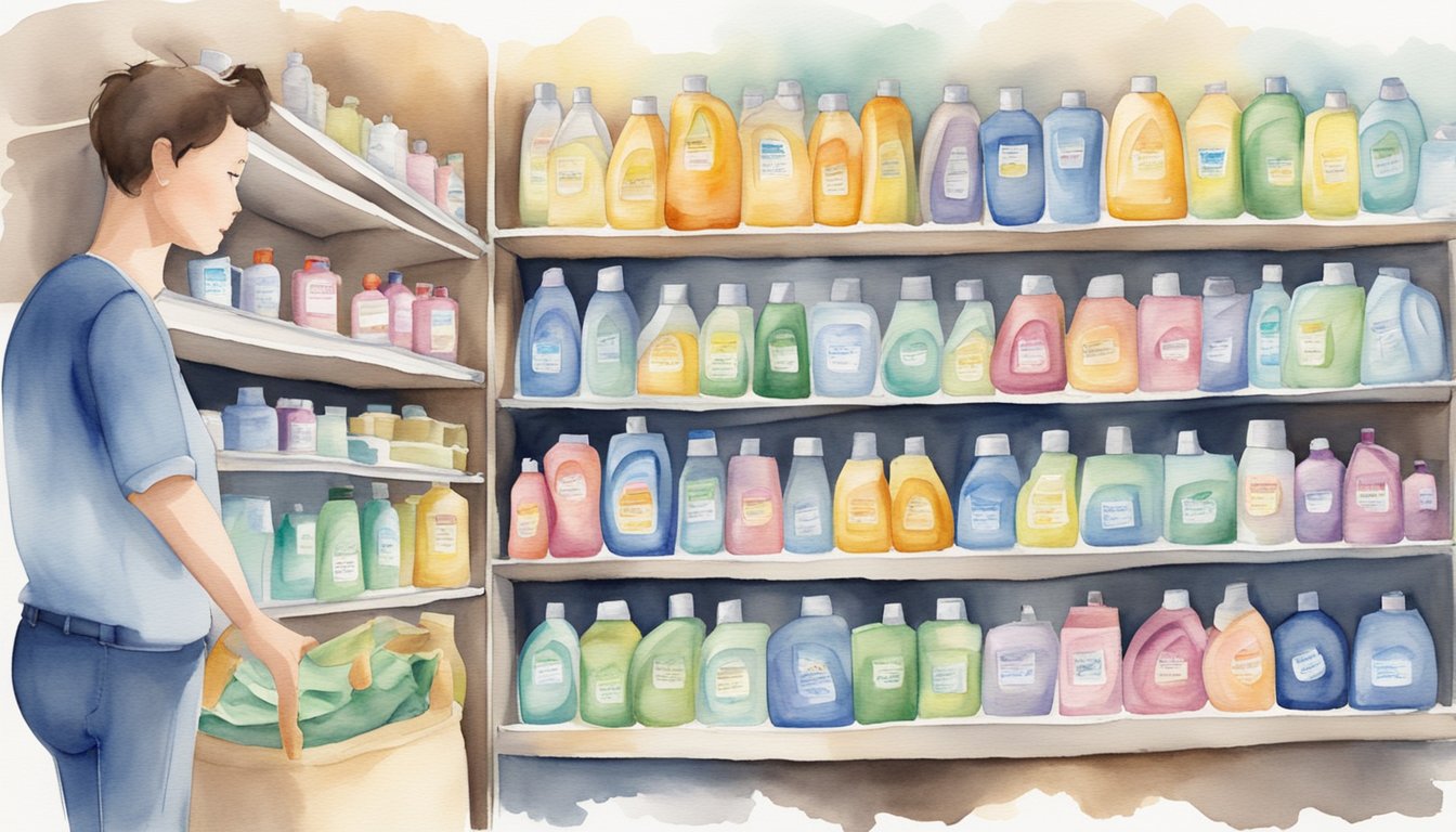 A person comparing different laundry detergents on a store shelf, reading labels and considering safety features