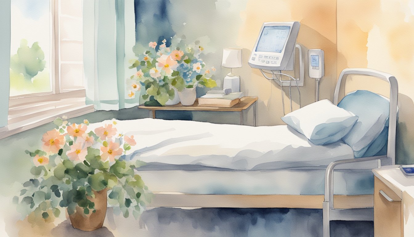 A serene hospital room with a bed, heart monitor, and flowers.</p><p>A peaceful atmosphere with soft light and a sense of hope and recovery