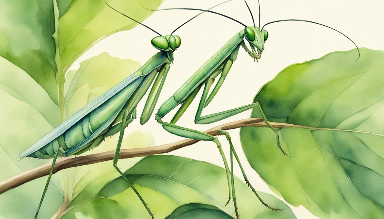 A praying mantis bites into a small insect, holding it in its spiked forelegs while perched on a leafy branch