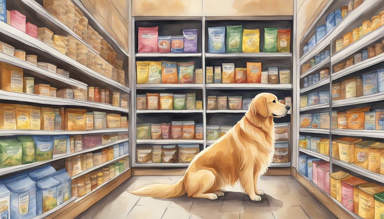 A golden retriever stands in front of a variety of dog food options, looking at the labels with interest.</p><p>The shelves are stocked with different brands and types of food, showcasing a range of options for the best dog food for golden retrievers