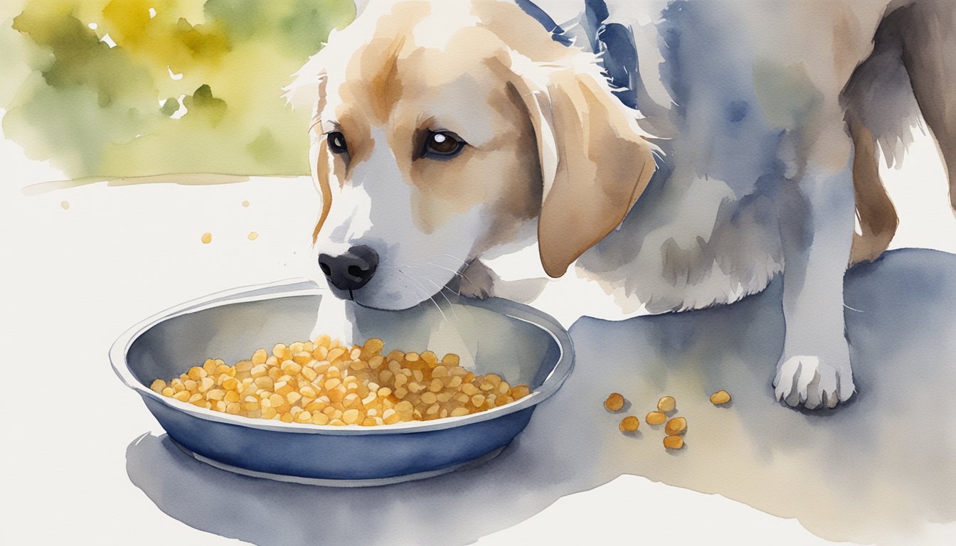 A dog eating specialized bladder stone dog food from a bowl on a clean, well-lit surface