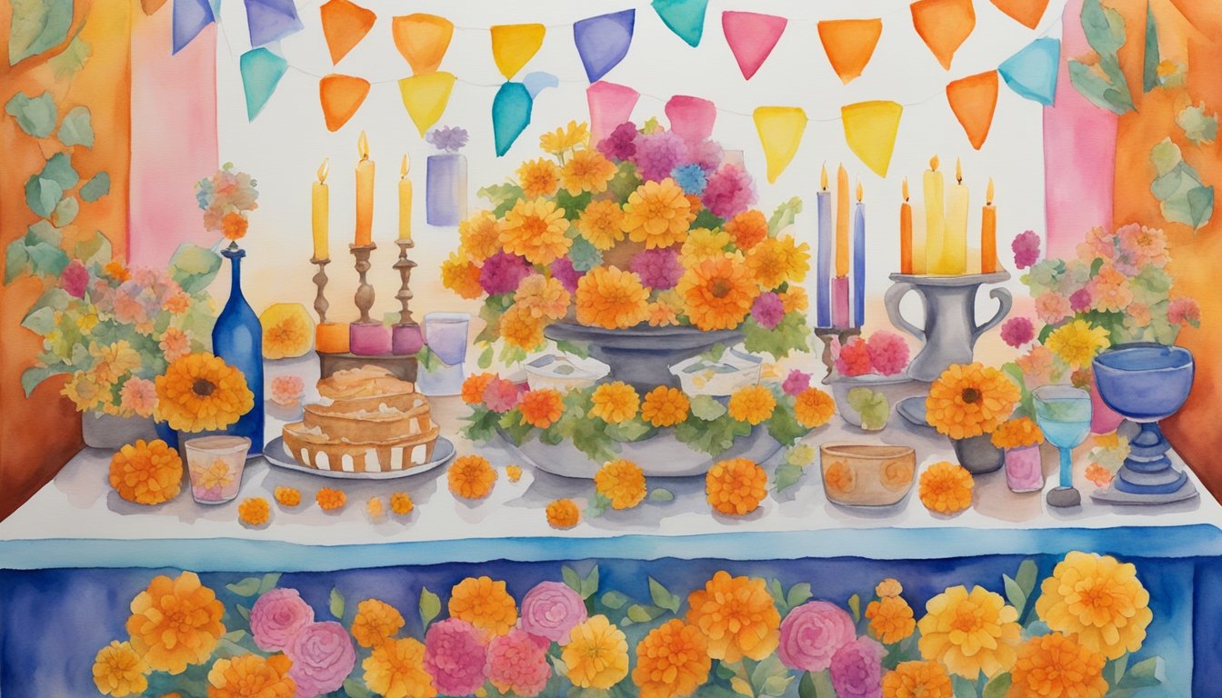 A colorful altar adorned with marigolds, papel picado, candles, and sugar skulls.</p><p>Offerings of favorite foods and drinks are displayed, along with photos of departed loved ones