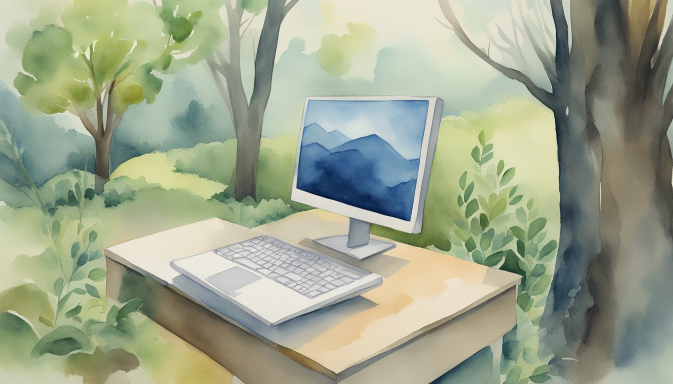 A person stepping away from a computer, towards nature.</p><p>The computer is left behind, symbolizing a break from social media