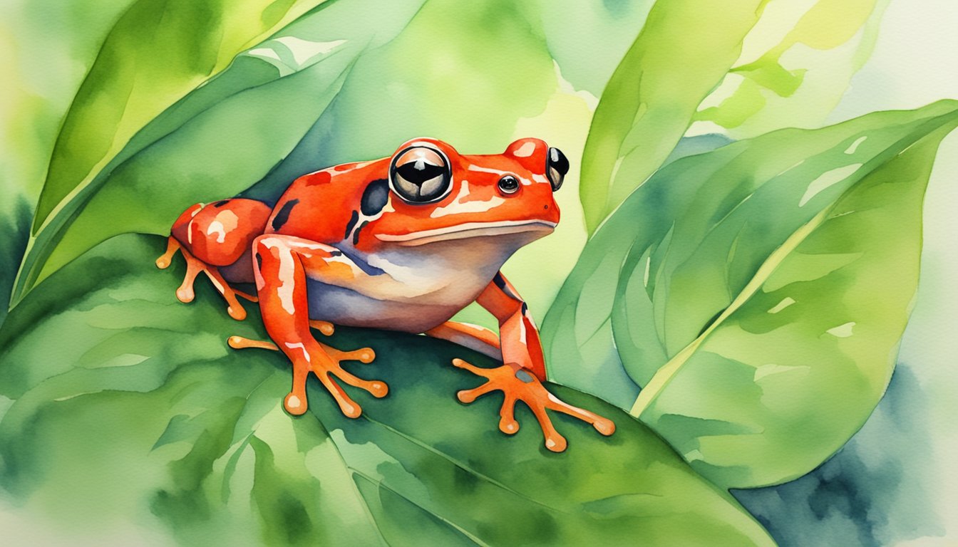 A vibrant red frog perched on a leaf, surrounded by lush green foliage in a tropical rainforest