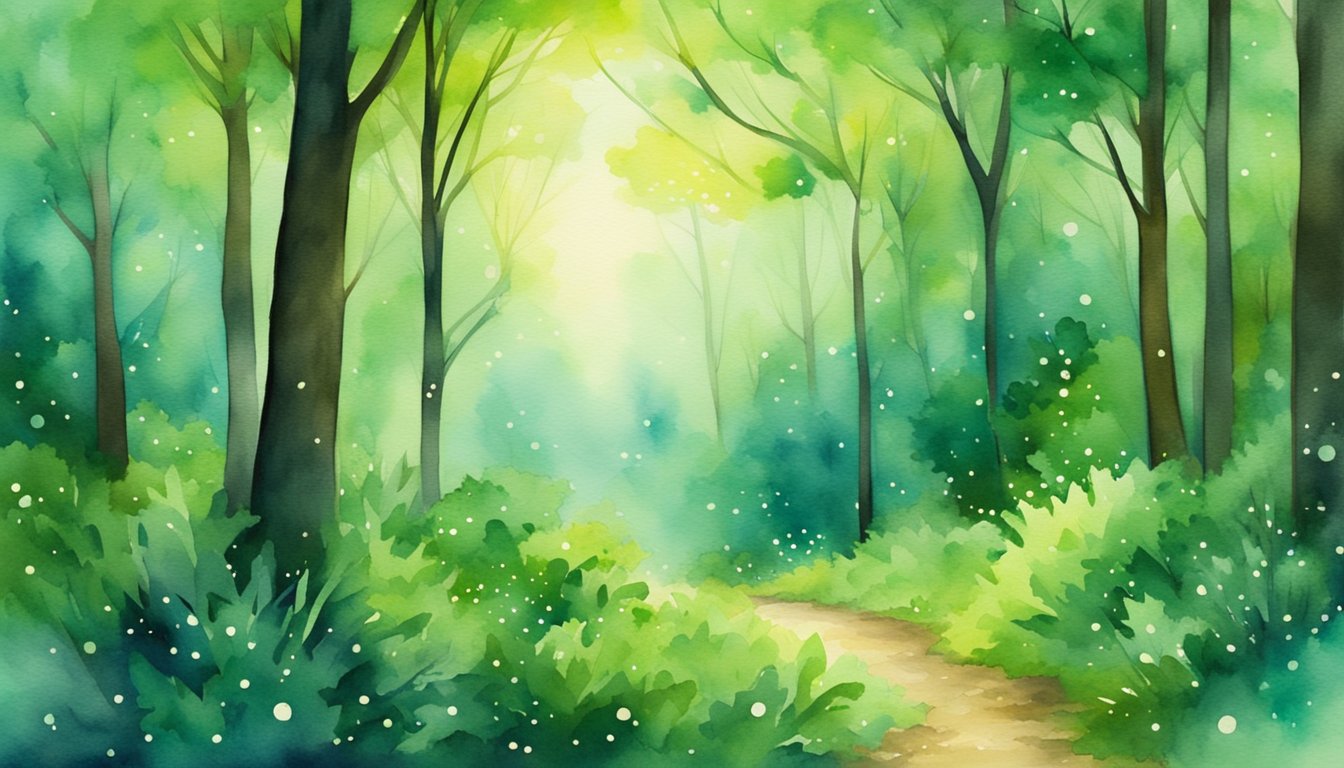 A lush forest with vibrant green stars twinkling among the leaves and branches, casting a magical glow over the serene landscape