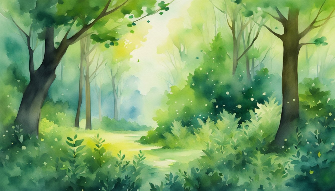 A lush forest with vibrant green stars scattered across the landscape, emitting a soft glow and surrounded by diverse wildlife