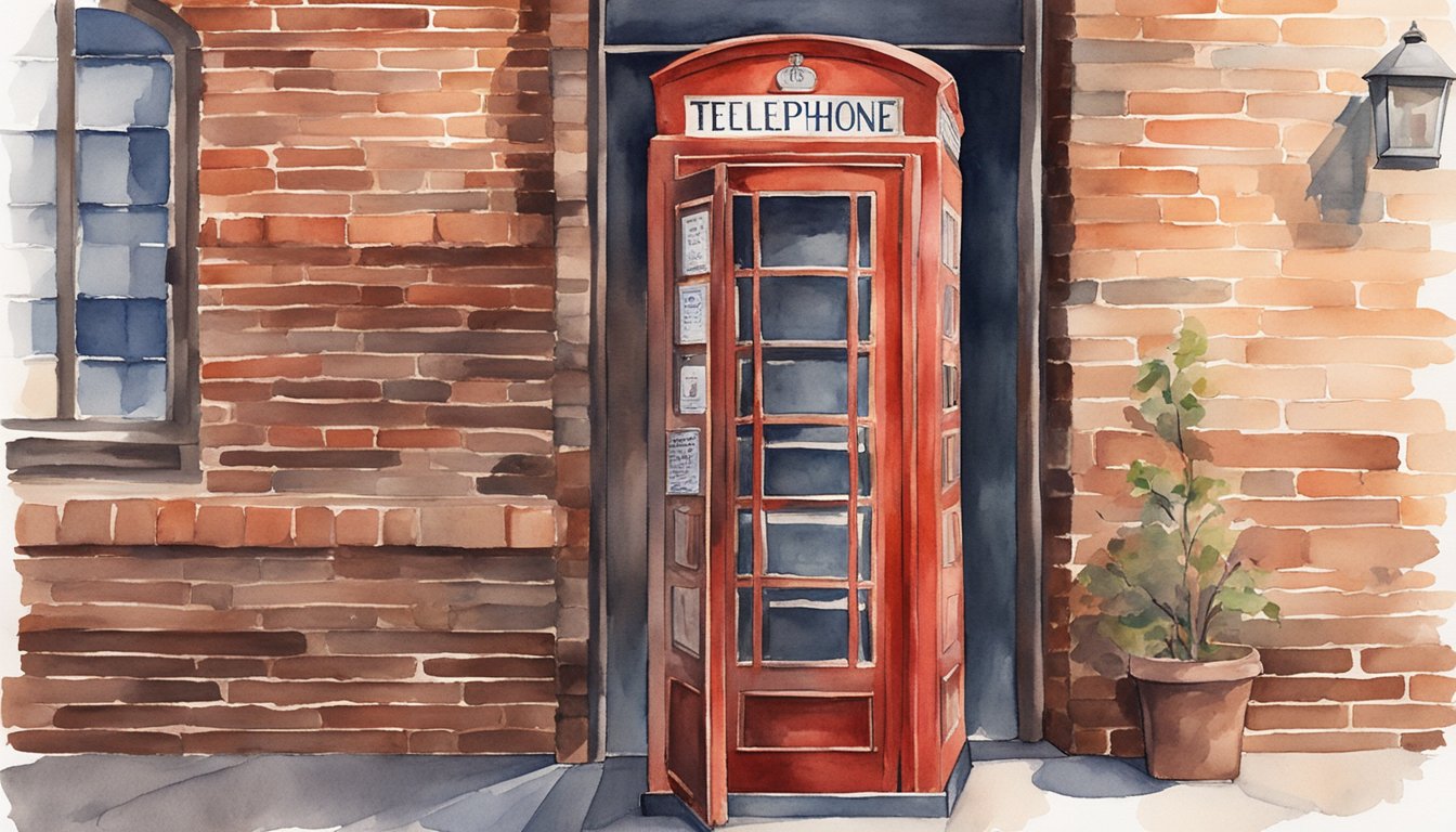 A red phone booth stands against a brick wall.</p><p>A vintage sign above reads "Telephone." The booth is weathered and worn, with chipped paint and a slightly crooked door