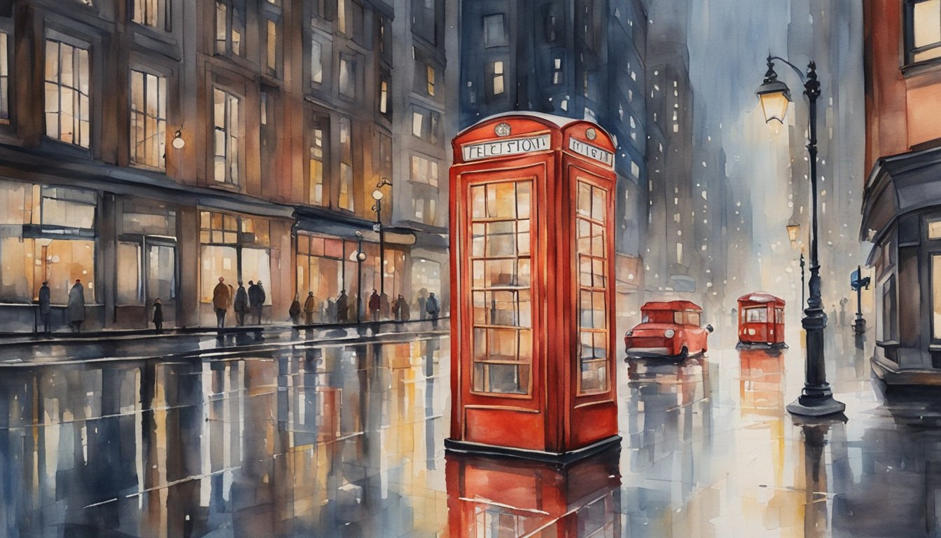 A red phone booth stands alone in a rainy city street, its glass panes reflecting the shimmering lights of the surrounding buildings