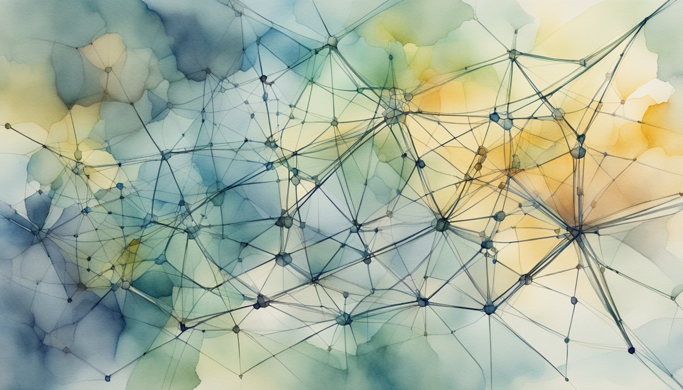 A network of interconnected nodes exchanging data, creating a web-like structure.</p><p>Data flows through the system, triggering various effects and changes