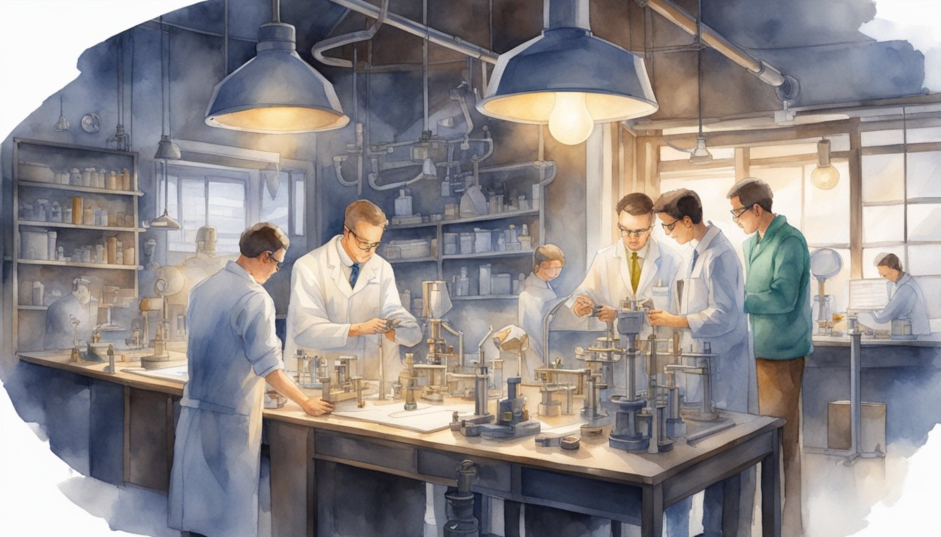 Scientists and engineers working in a laboratory, surrounded by equipment, tools, and blueprints.</p><p>A light bulb illuminates the room, symbolizing new discoveries and inventions