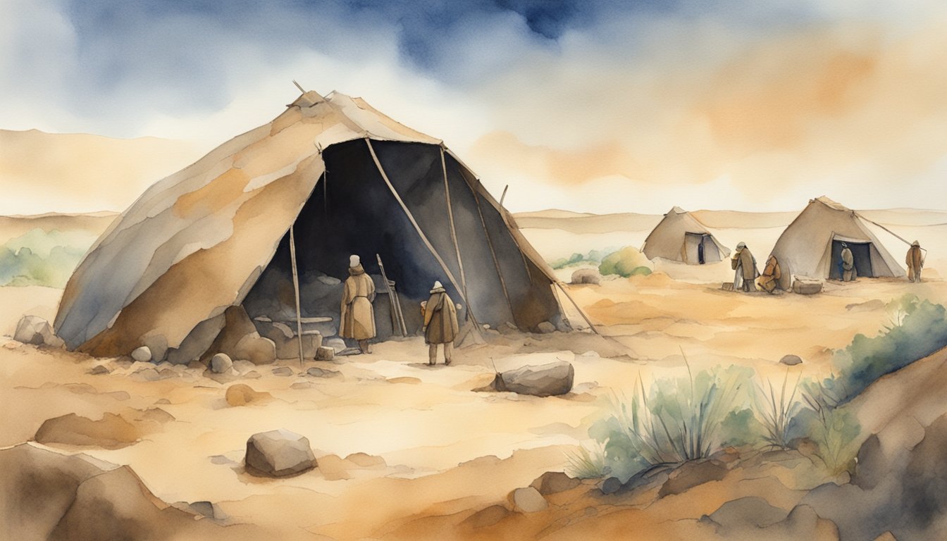 The earth's surface, barren and untouched, with the first signs of human civilization emerging: a primitive shelter, tools, and a small community gathering