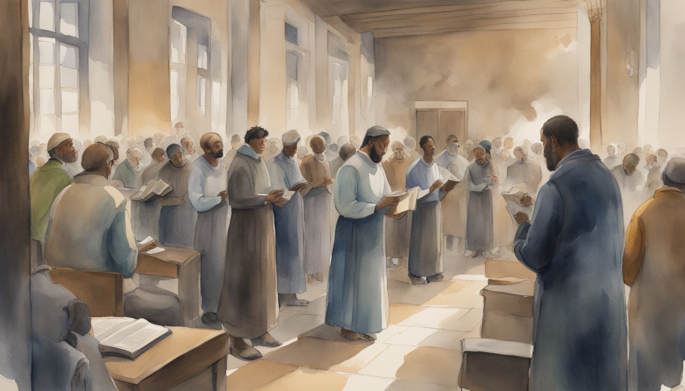 A group of Christians gather in a dimly lit room, quietly praying and reading from the Bible.</p><p>Outside, a mob of angry individuals can be seen, shouting and throwing rocks at the building