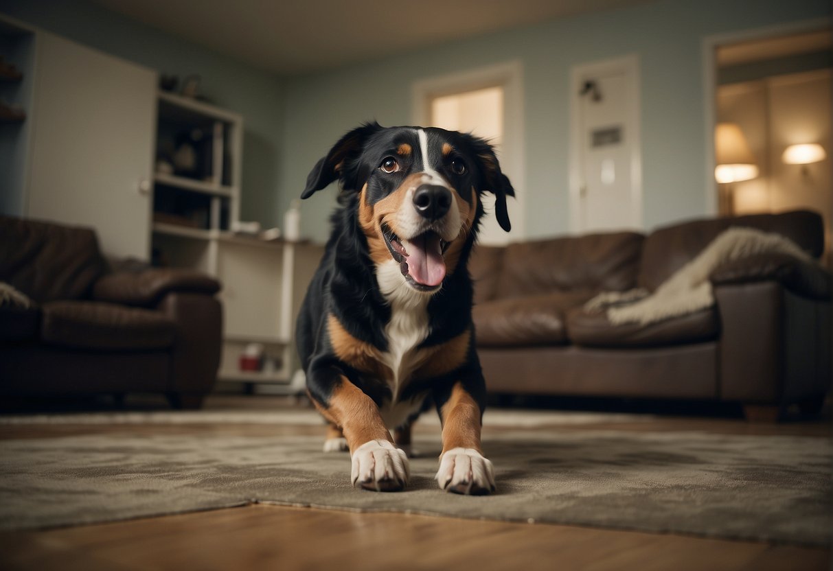 A dog pacing back and forth, panting heavily, and whining while alone in a room. A torn-up couch and scattered items on the floor show signs of distress
