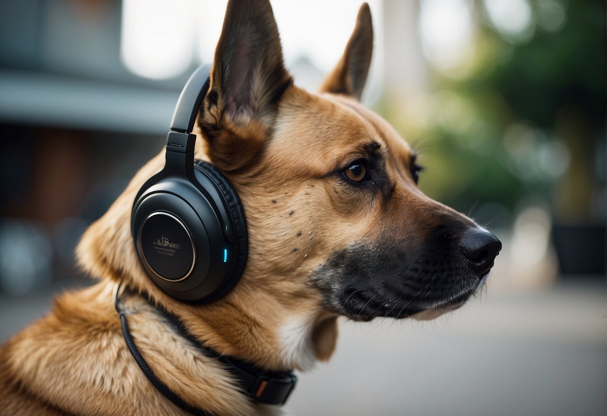 A dog's ears perk up as they listen intently, surrounded by sound waves and frequency levels. Their alert expression reflects their keen sense of hearing