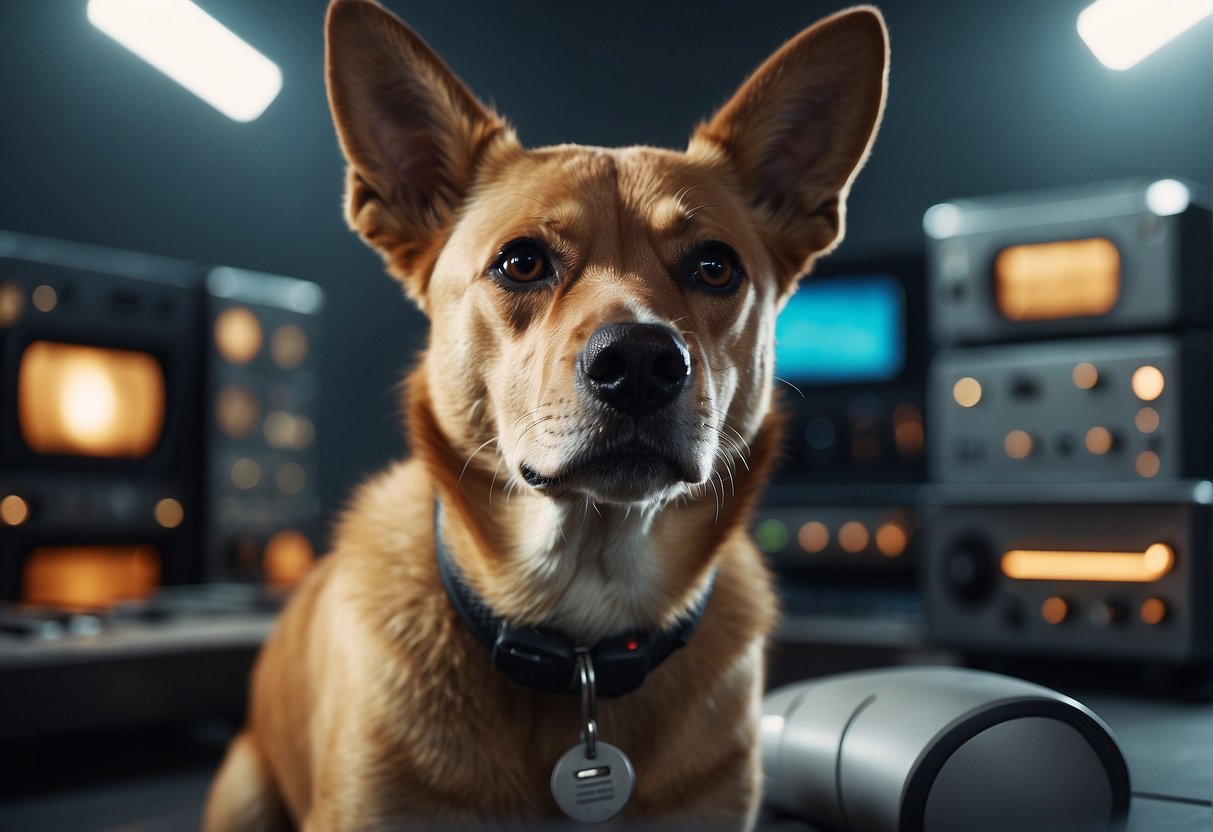 A dog with perked ears listens intently, surrounded by sound waves and question marks
