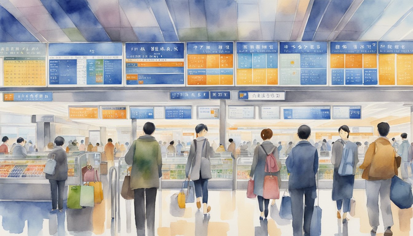 Passengers checking departure boards, exchanging currency, and browsing duty-free shops at Kansai Airport