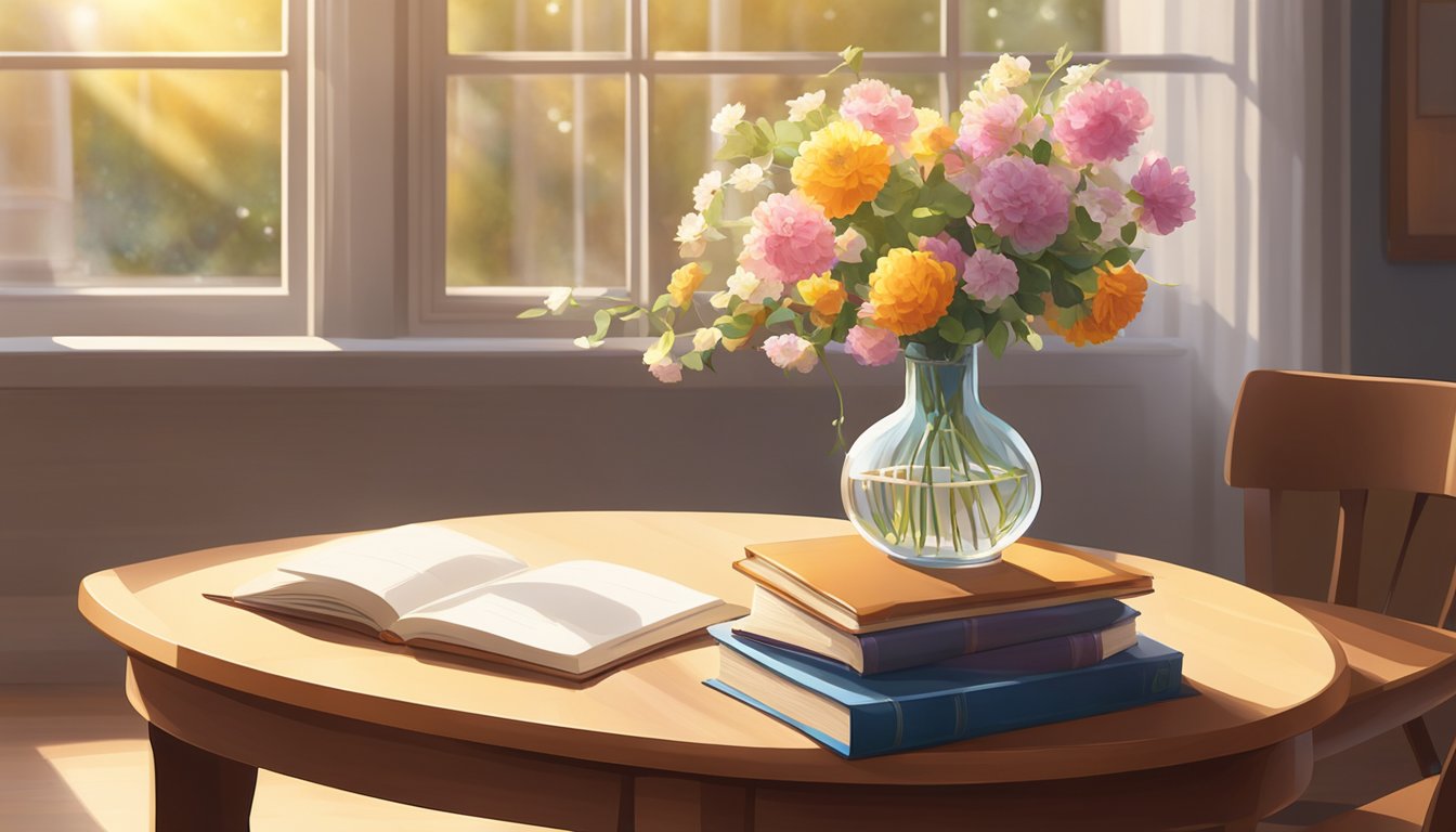 A curved table with a polished wooden surface, adorned with a vase of flowers and a stack of books. Sunlight streams in through a nearby window, casting a warm glow on the table