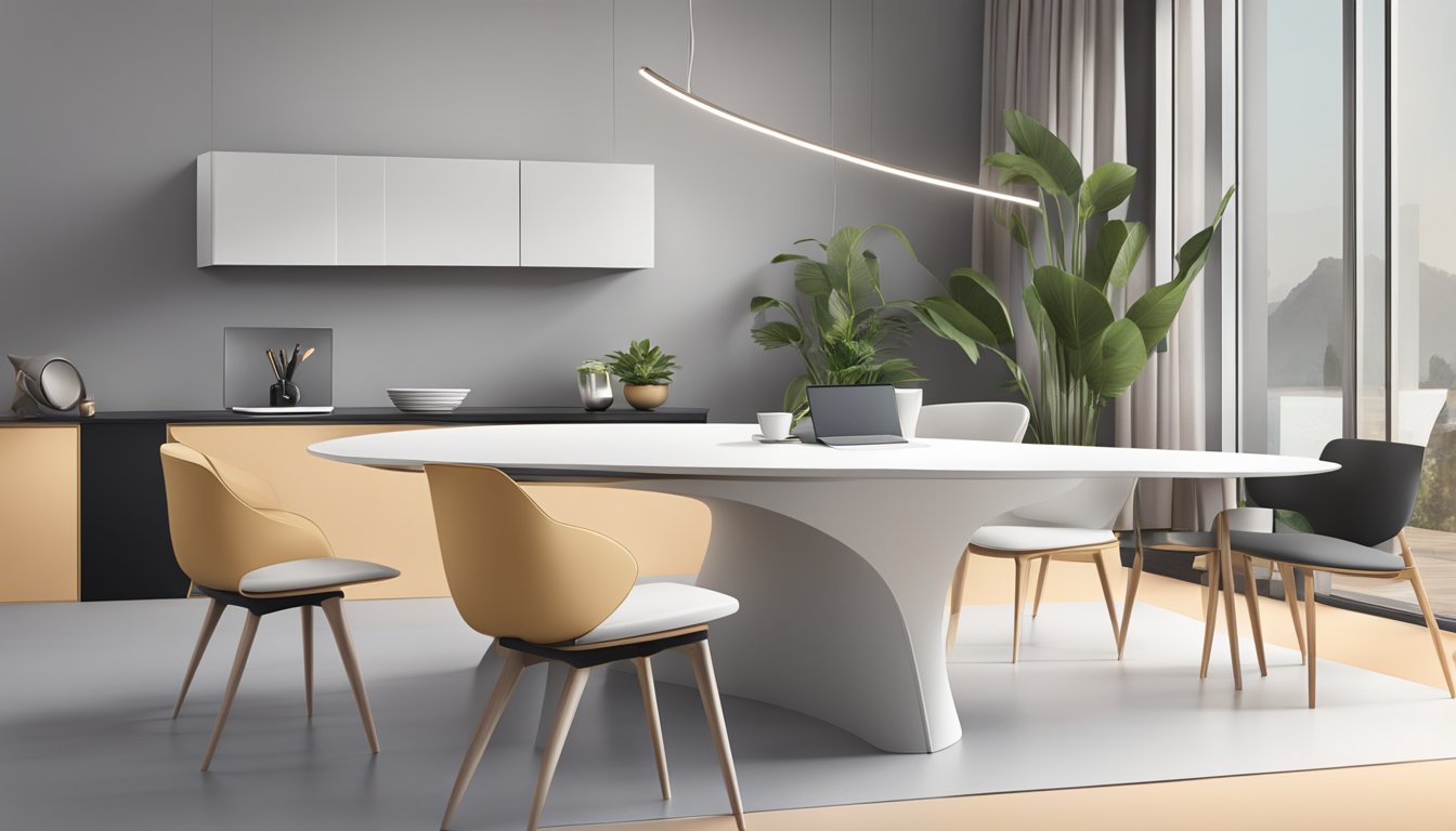 A sleek, curved table with modern design and minimalistic aesthetics