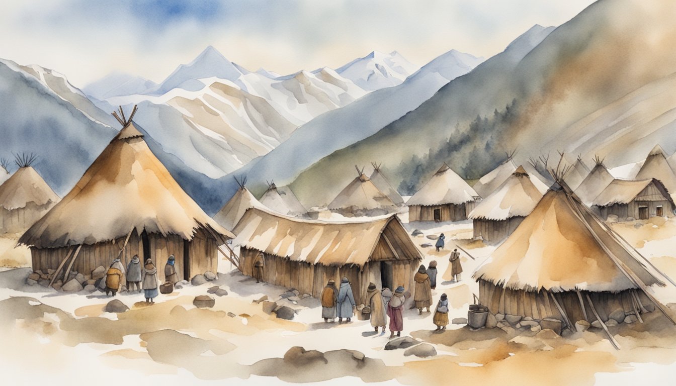 Ötzi's village: huts made of wood and animal skins, surrounded by mountains and forests.</p><p>People hunting and gathering, cooking over open fires