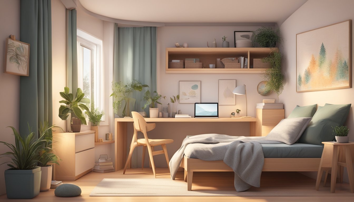 A cozy small bedroom with a built-in wardrobe, a compact desk, and a comfortable single bed with soft bedding. The room is illuminated by a warm, soft light, and there are a few decorative elements, such as plants and framed artwork, adding