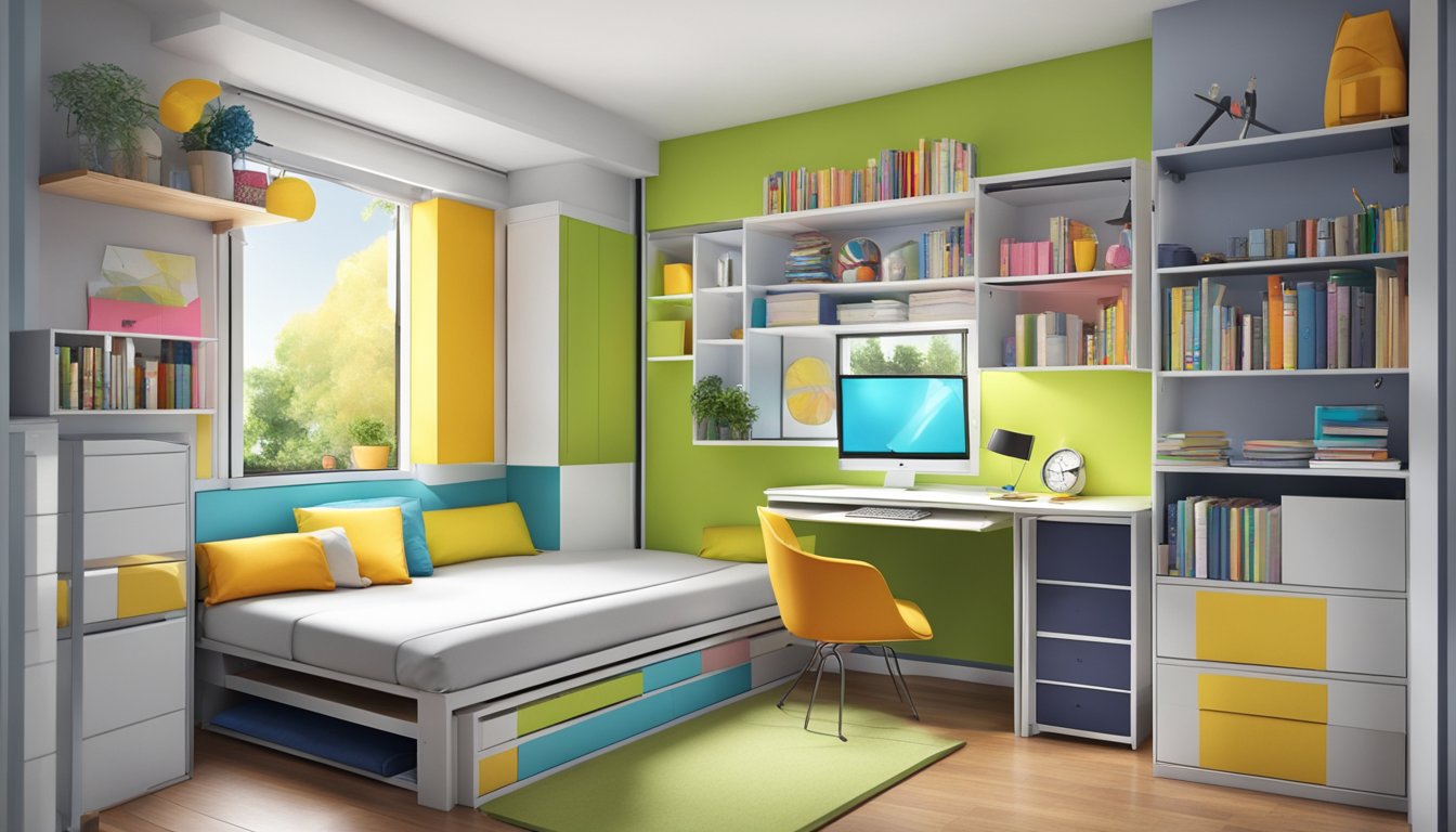 A small HDB bedroom with a loft bed, built-in storage, and fold-down desk. Bright colors and mirrors create the illusion of space