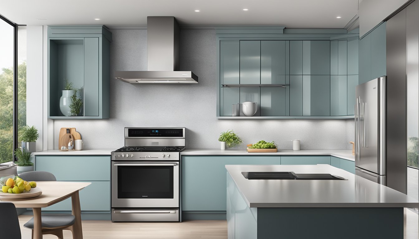 A sleek, modern range hood hovers above a gleaming stovetop in a contemporary kitchen in Singapore