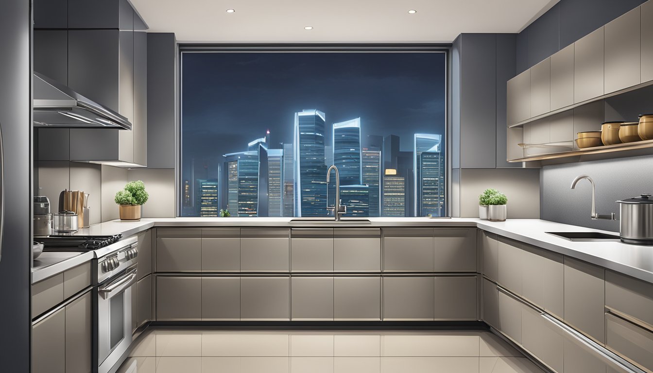 A modern kitchen with sleek cabinets and a stainless steel range hood, set against a backdrop of the Singapore skyline