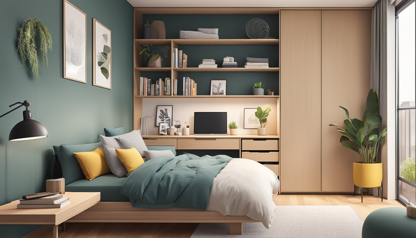 A cozy HDB small bedroom with space-saving design elements and clever storage solutions