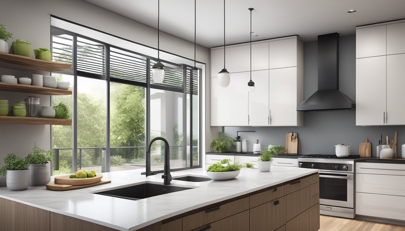 A modern kitchen with a sleek range hood, clean countertops, and open windows for fresh air