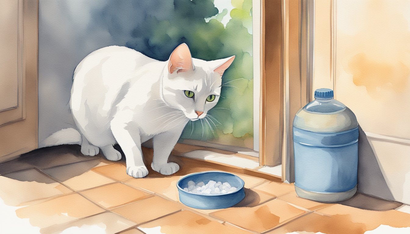 A cat knocking over a litter box, with a bottle of odor eliminator nearby, and a fresh, clean scent in the air