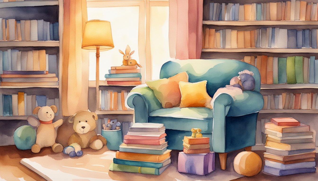 Colorful books stack on a cozy shelf, surrounded by toys and a comfy chair.</p><p>A warm light illuminates the inviting scene