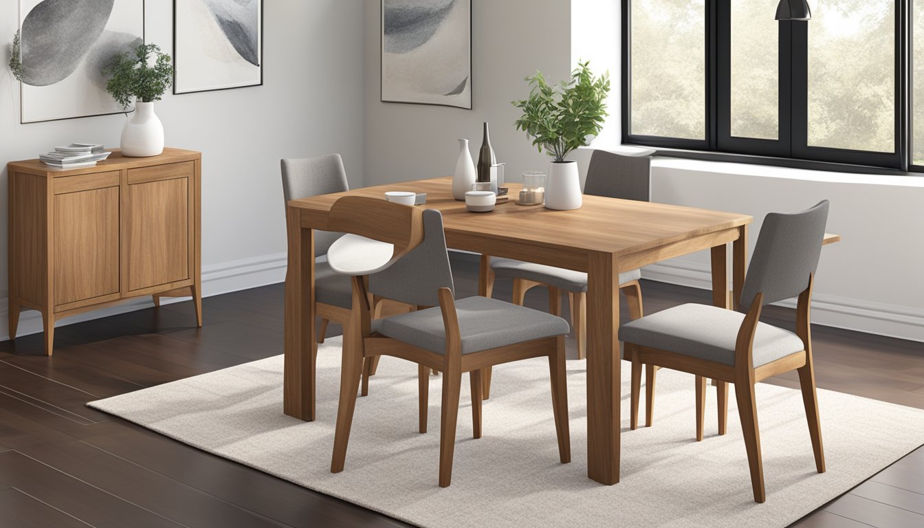 A 4-seater dining table, rectangular, with a wooden finish and four matching chairs, placed on a neutral-colored rug in a well-lit room