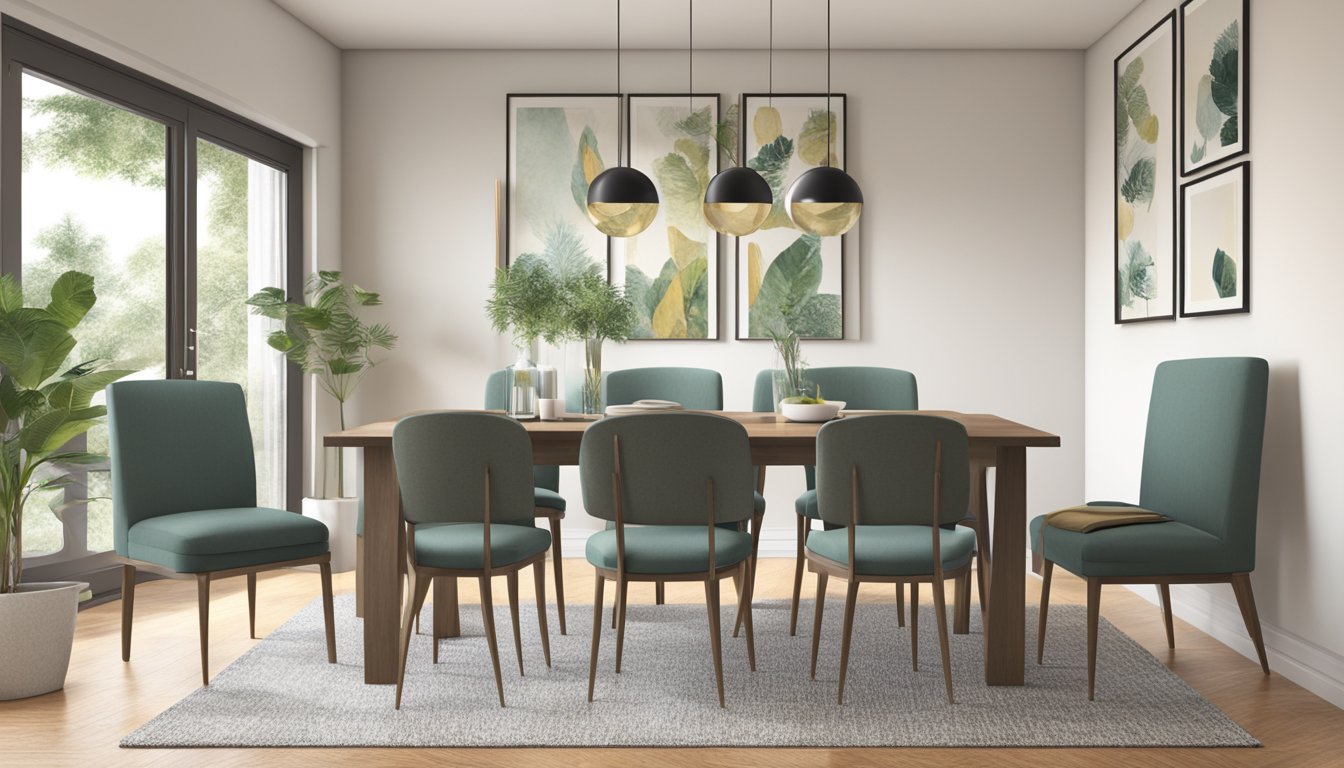 A 4-seater dining table with chairs, measuring 36-44 inches wide and 48-60 inches long, placed in a well-lit dining room with minimal decor