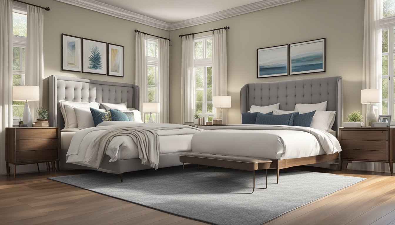 A spacious bedroom with a large, luxurious king-size bed next to a smaller, more modest queen-size bed, reflecting different lifestyle choices