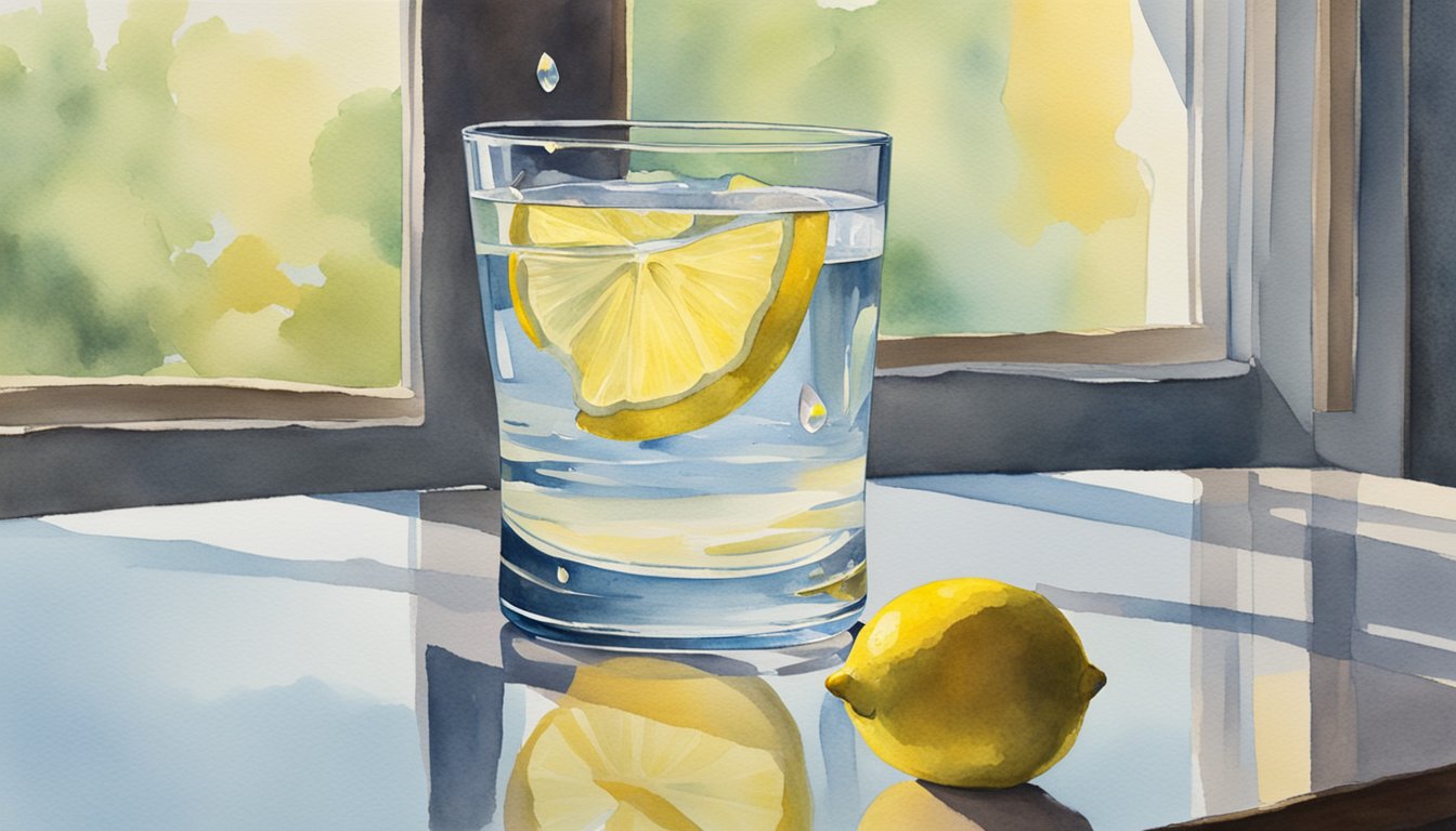 A clear glass of water sits on a table, with a slice of lemon floating inside.</p><p>A water droplet glistens on the side of the glass, reflecting the light