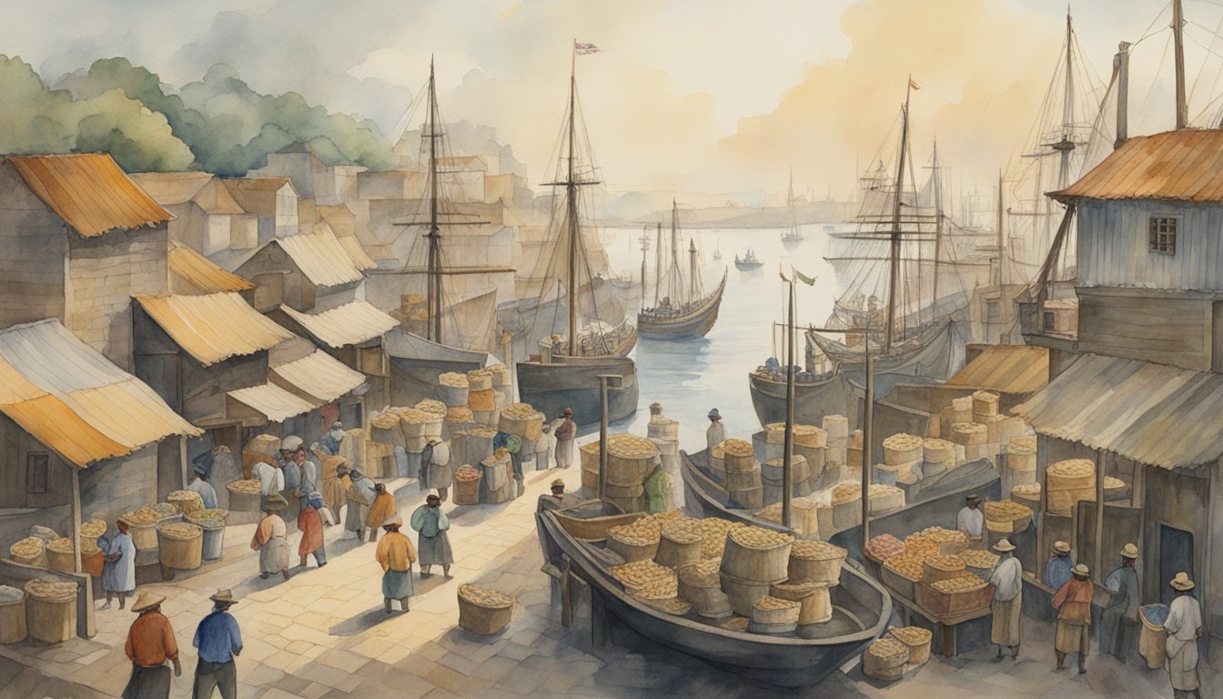 A bustling port city with ships unloading sugar, workers processing cane, and merchants trading goods.</p><p>The local economy thrives, but the labor is grueling