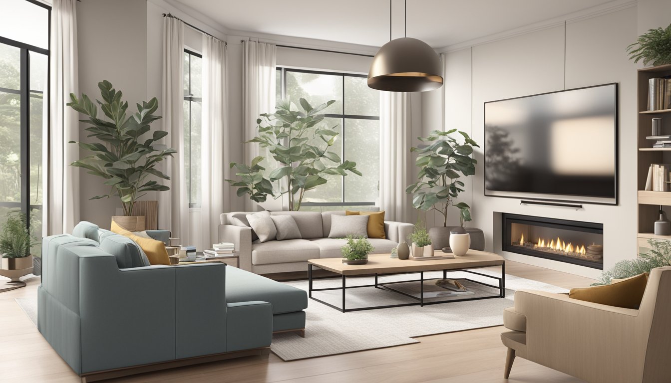 A cozy living room with modern furniture, maximizing space with built-in storage, and a neutral color palette for a clean and airy feel