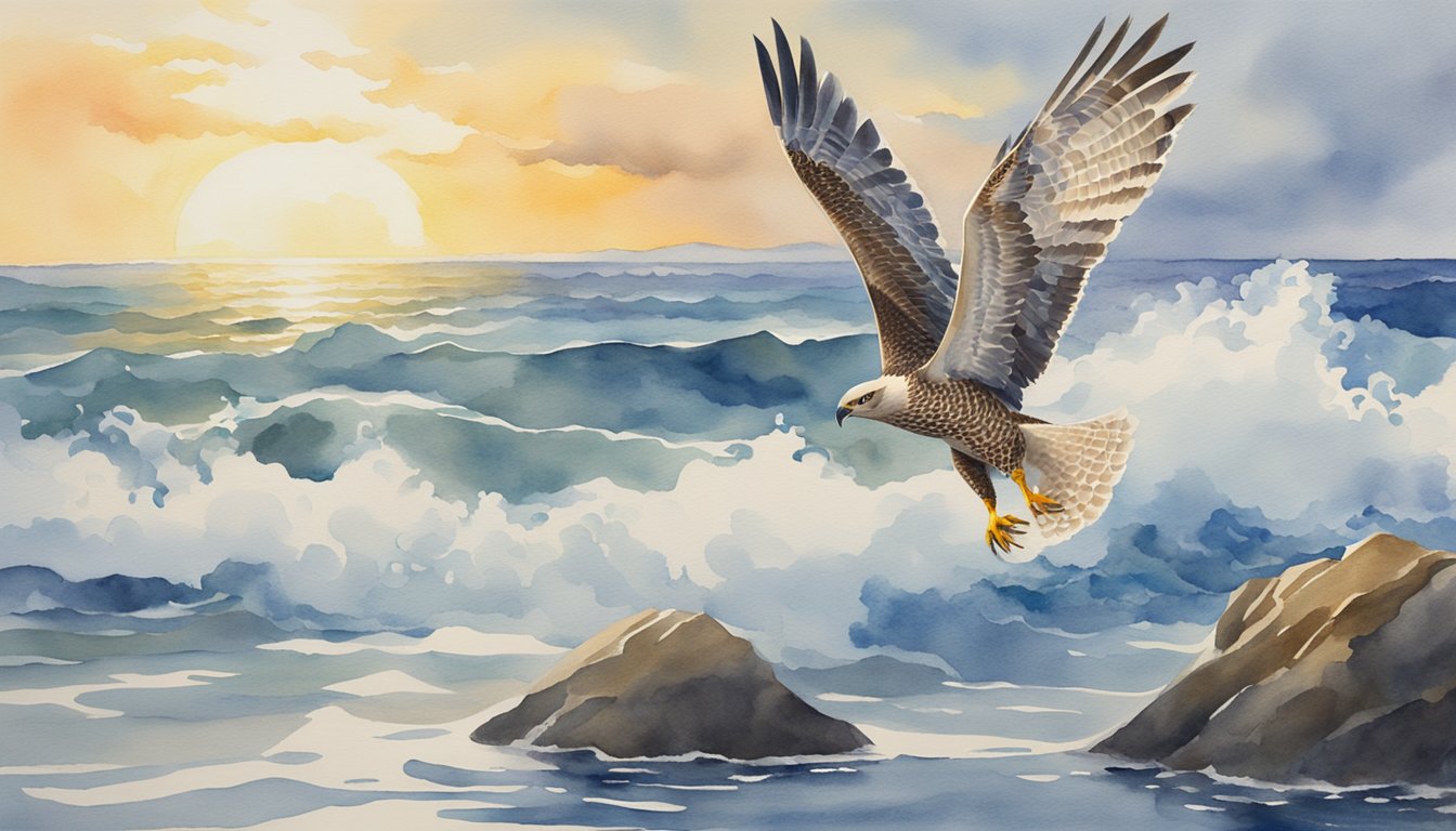 A sea hawk soars gracefully above the ocean waves, its wings outstretched as it scans the water for prey.</p><p>The sunlight glints off its sleek feathers, highlighting its powerful and majestic form