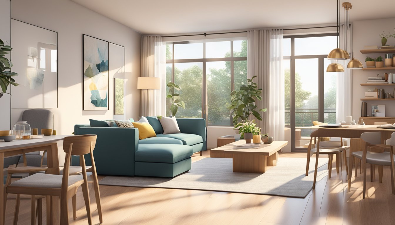 A cozy condo living room with modern furniture, clever storage solutions, and a small dining area. Bright natural light streams in through the windows, showcasing the open layout and minimalist design