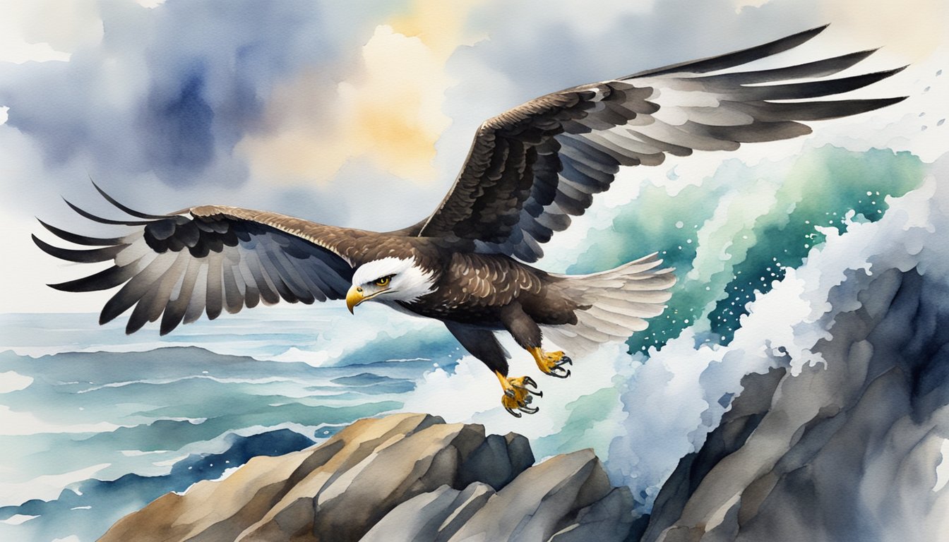 A majestic sea hawk soars above crashing waves and rocky cliffs, its wings outstretched against a dramatic sky