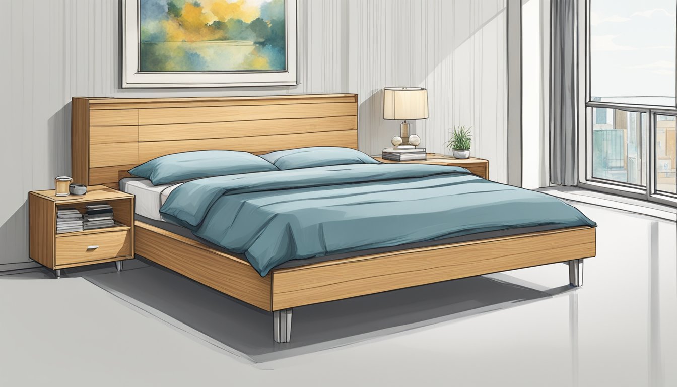 An extra-large double bed dominates the room, towering over other furniture. Its dimensions are emphasized, with a measuring tape or ruler nearby for reference